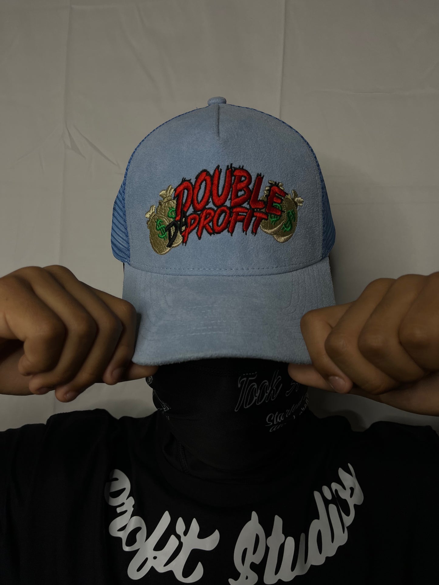 “DoubleDaProfit” Light blue trucker hat